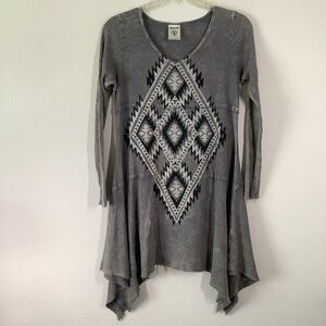 VOCAL Waffle Knit Beaded Tunic Long Sleeve Western Cowgirl Boho Aztec Gray L XL